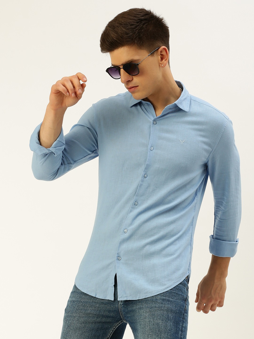 SHOWOFF Men's Spread Collar Solid Blue Regular Fit Shirt