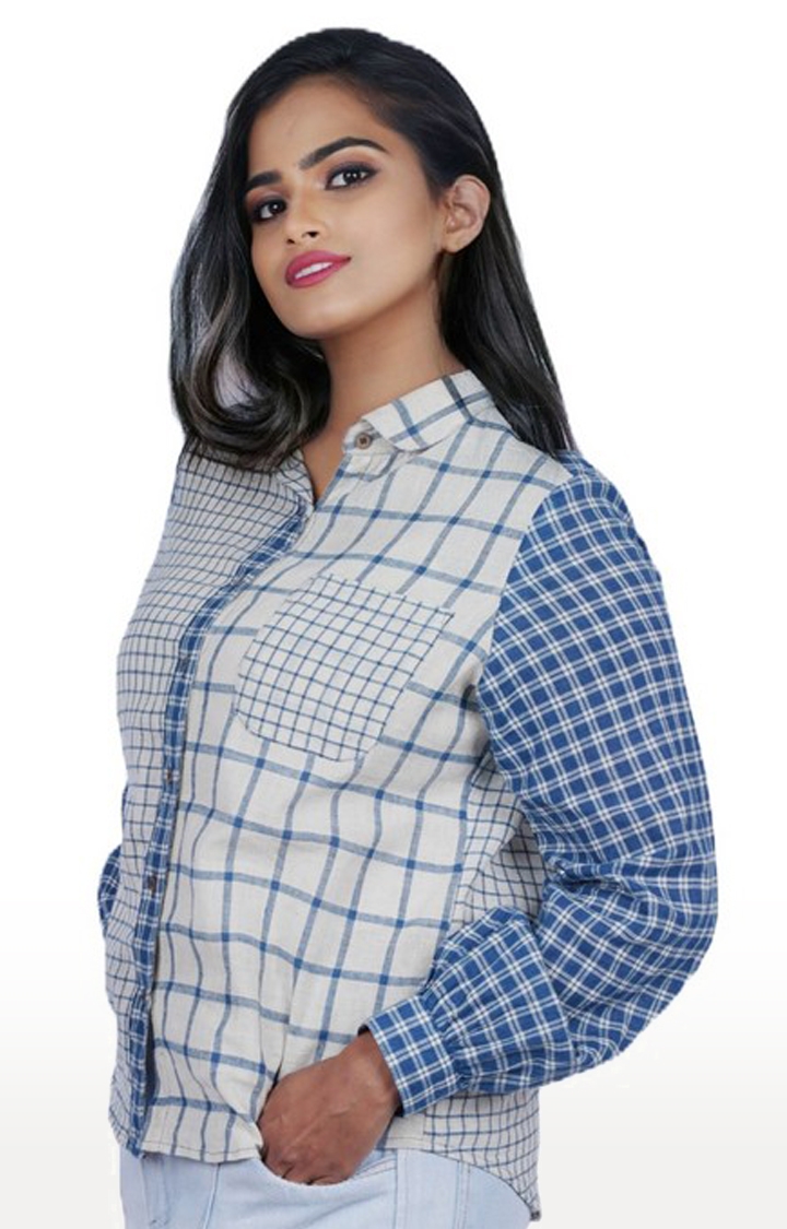 Women's Off White and Blue Cotton Checked Casual Shirt