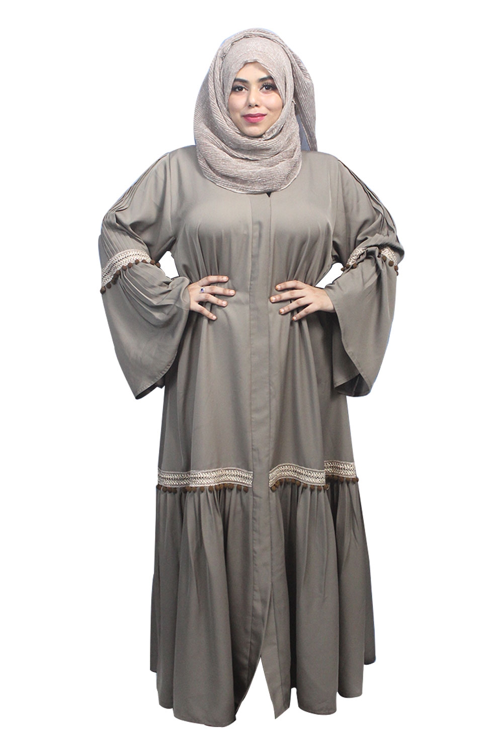 Malikah Hijab & Abaya | Cement Abaya with Frill and Lace