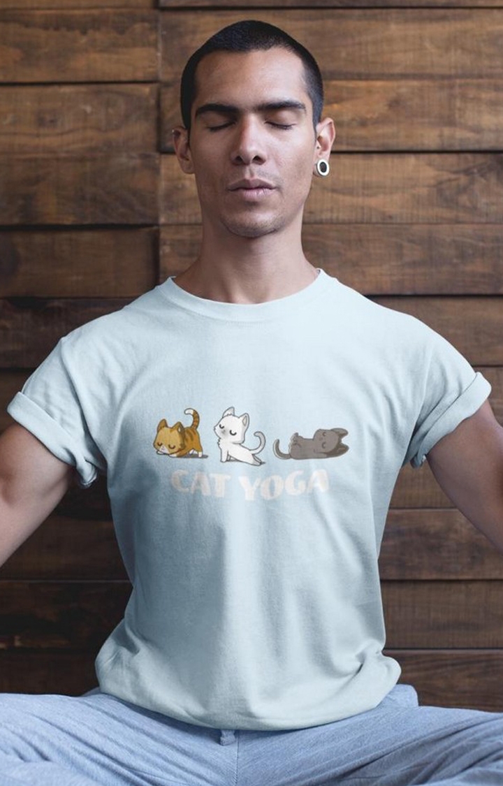 TeesHut | Men's Cat Yoga Blue Cotton Blend Printed Regular T-Shirts