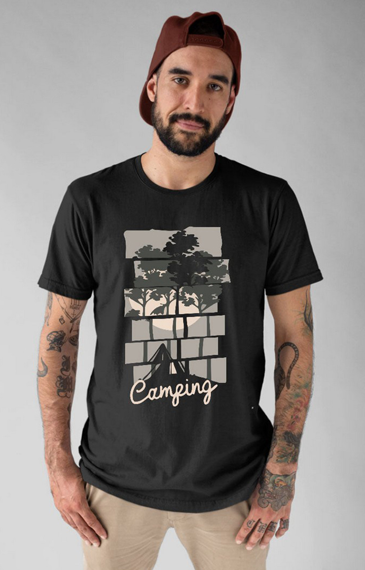 TeesHut | Men's Camping Black Cotton Blend Printed Regular T-Shirts