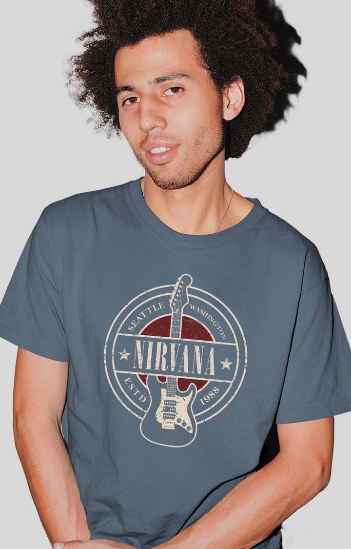 TeesHut | Men's Nirvana Guitar Back Blue Cotton Blend Printed Regular T-Shirts