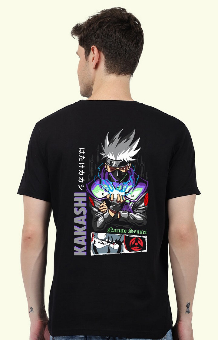 Men's Sensei Kakashi Black Cotton Blend Printed Regular T-Shirts