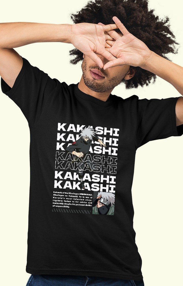 Men's Kakashi Black Cotton Blend Typographic Regular T-Shirts