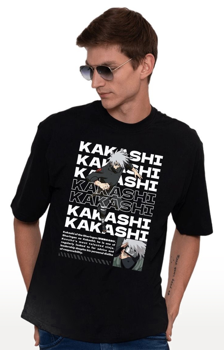 Men's kakashi Black Cotton Blend Printed Oversized T-Shirts