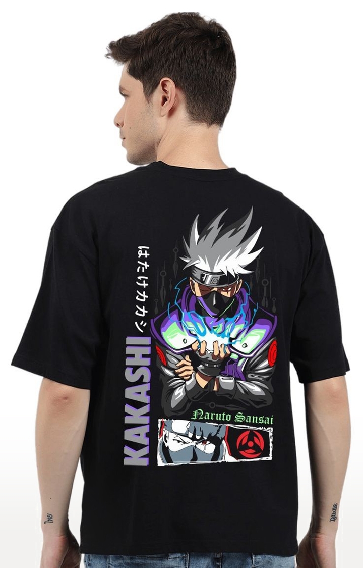 Men's sensai kakashi  Black Cotton Blend Printed Oversized T-Shirts