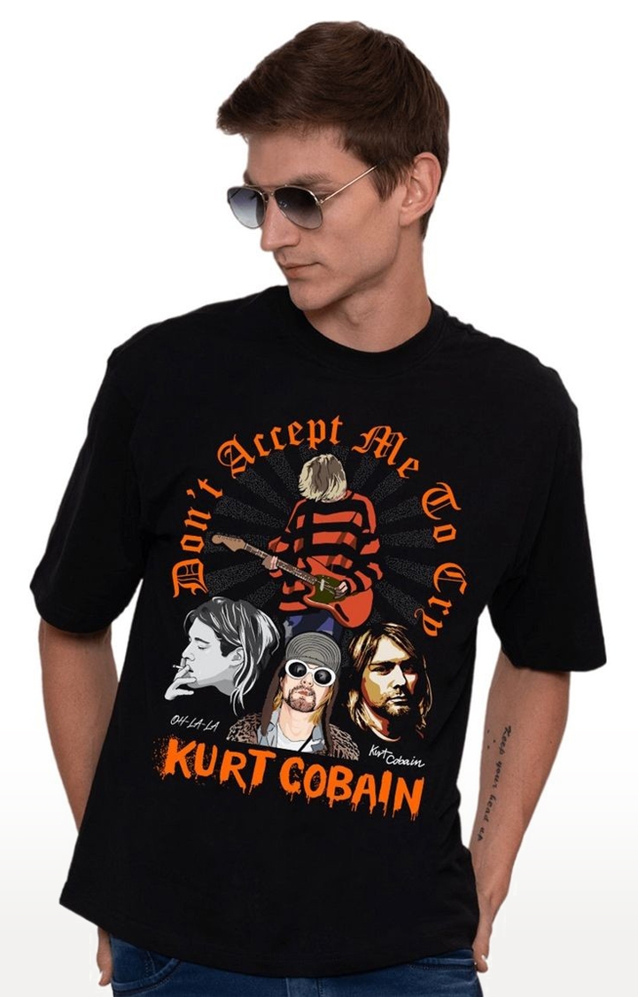 TeesHut | Men's oh la la cobain  Black Cotton Blend Printed Oversized T-Shirts