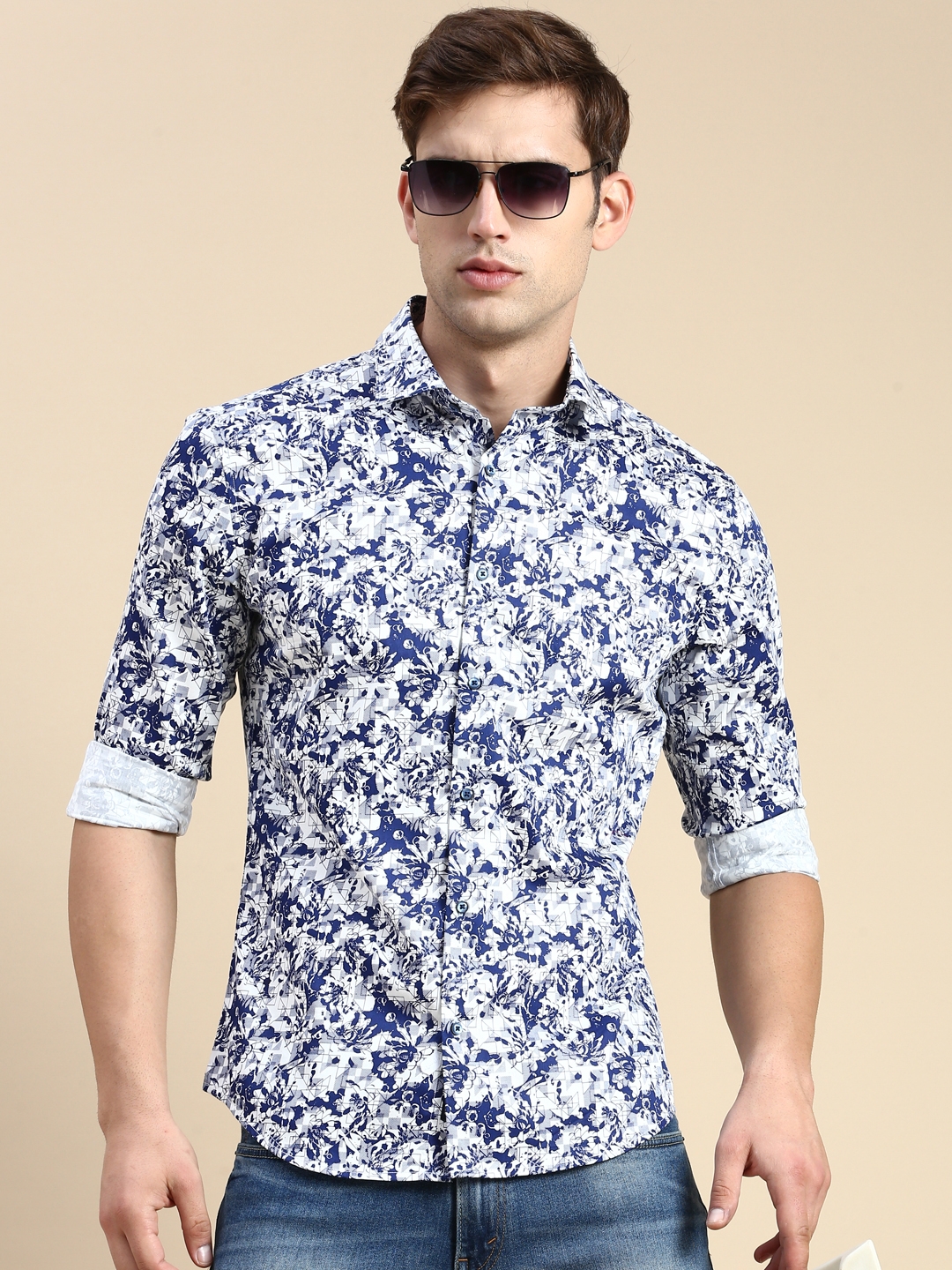 Showoff | SHOWOFF Men's Spread Collar Blue Slim Fit Printed Shirt