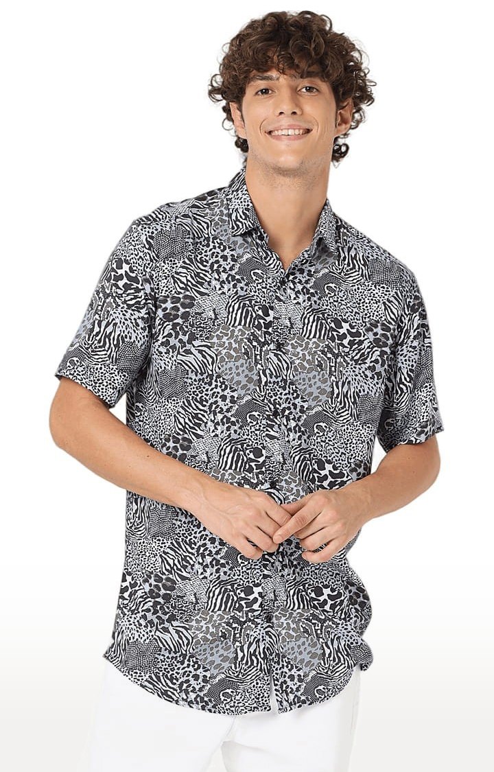 Men Grey Rayon Printed Casual Shirt