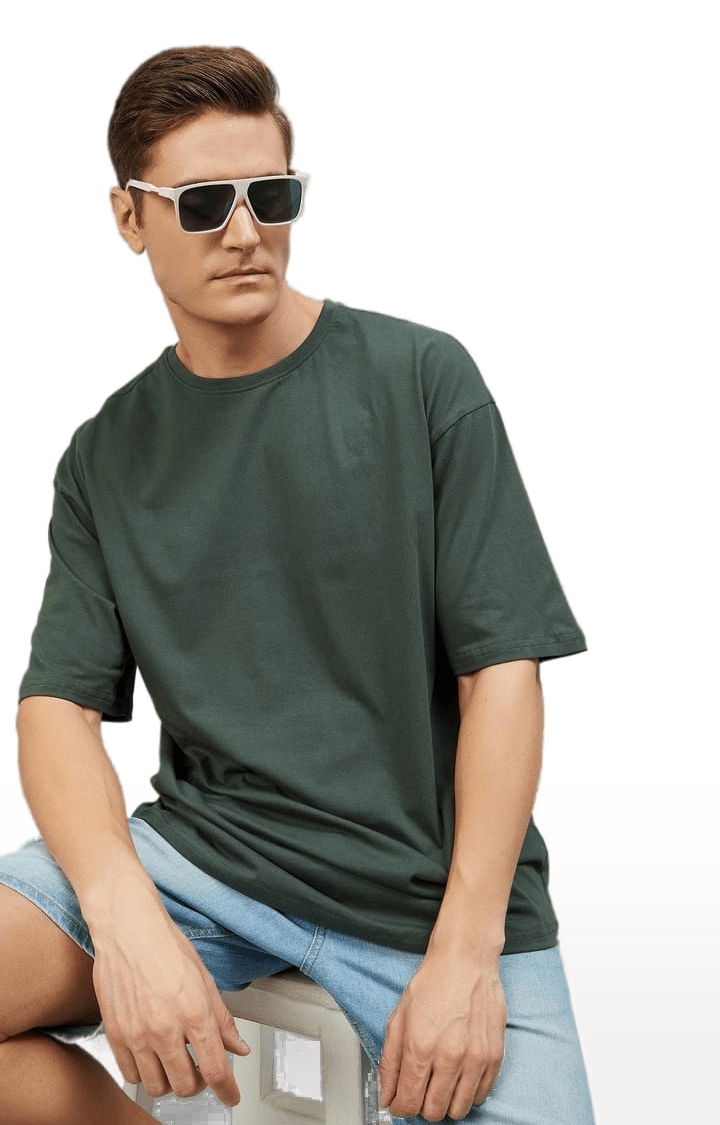 Men's Dark Green Cotton Solid T-Shirt