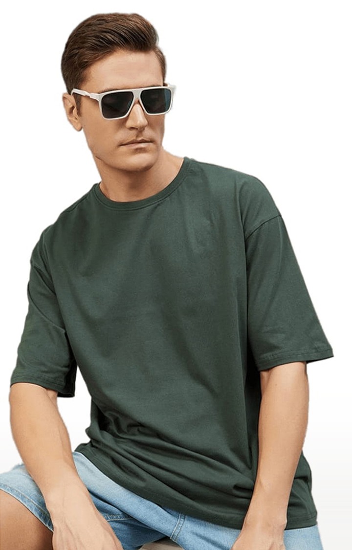 Men's Dark Green Cotton Solid Oversized T-shirt