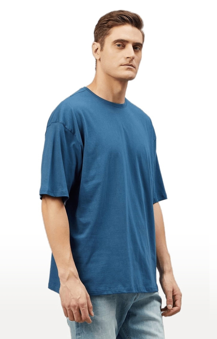 Men's Prussian Blue Cotton Solid  Oversized T-shirt
