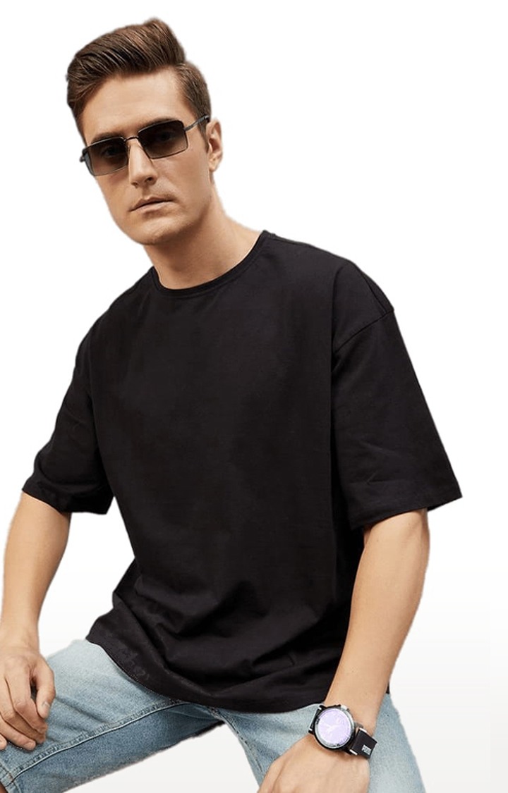 Men's Black Cotton Solid  Oversized T-shirt