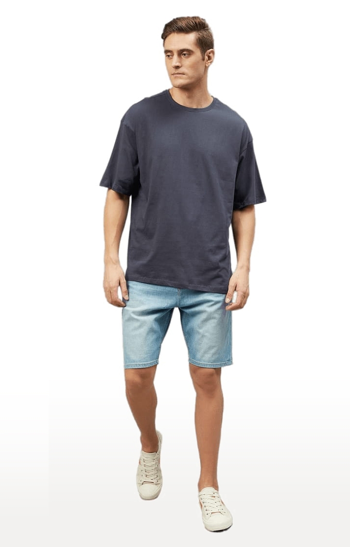 Men's Blue Cotton Solid  Oversized T-shirt