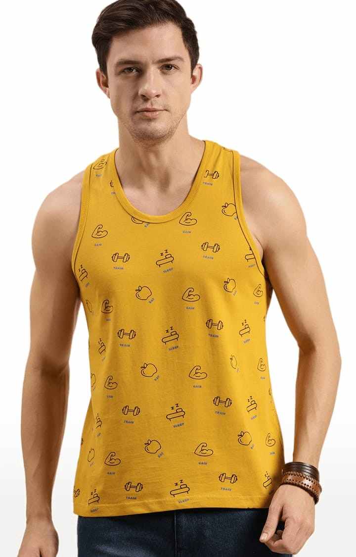 Men's Yellow Cotton Printed Vest