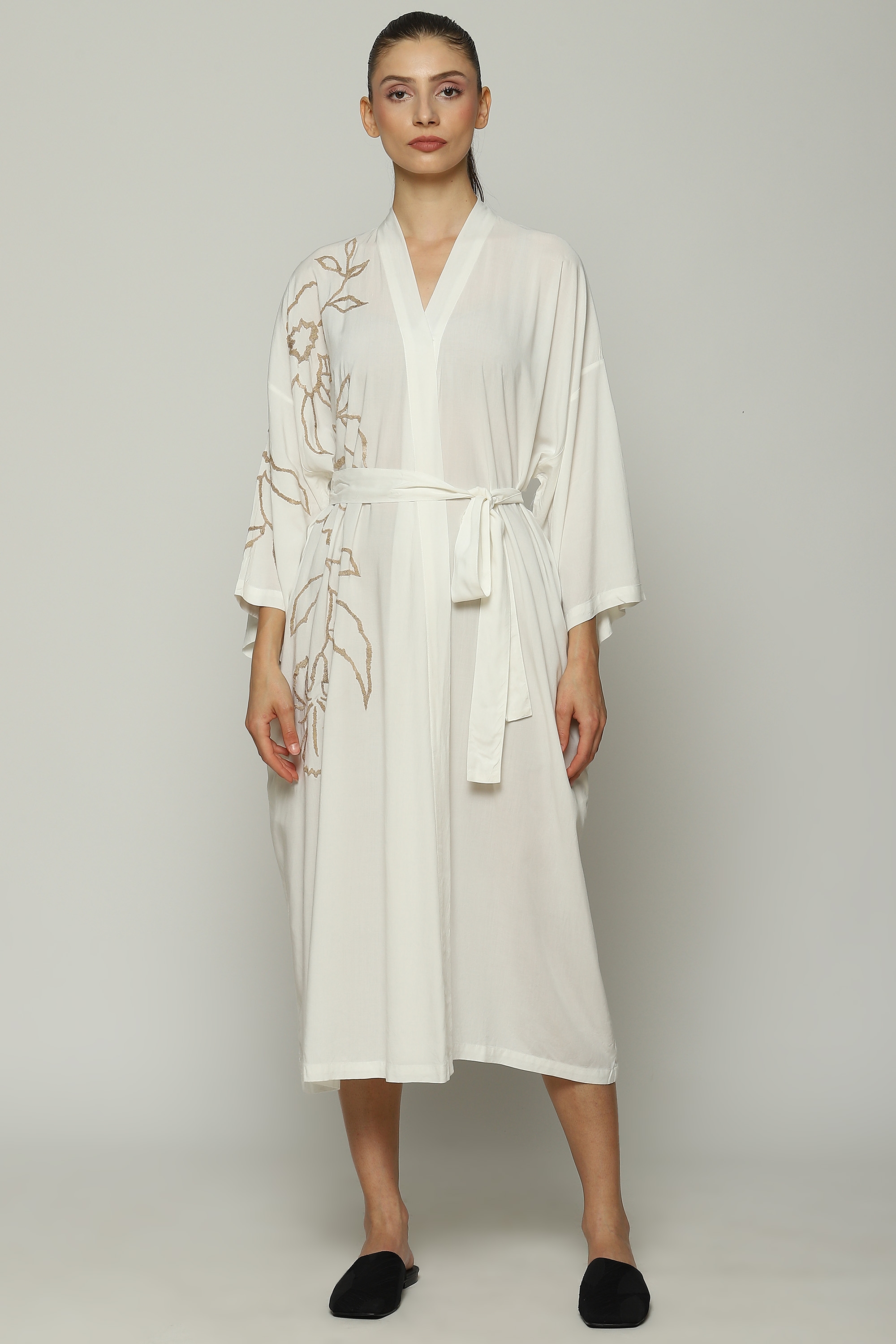 ABRAHAM AND THAKORE | Tussar Silk Embroidered Kimono
