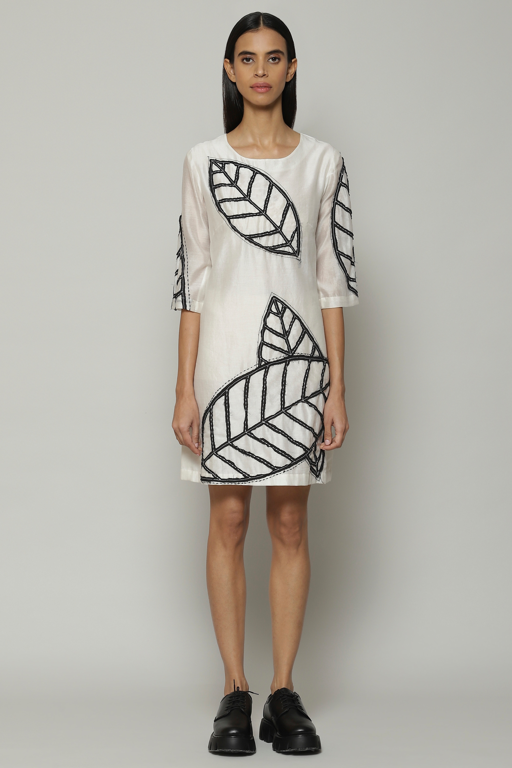 ABRAHAM AND THAKORE | Leaf Patchwork Embroidered Silk X Cotton Tunic