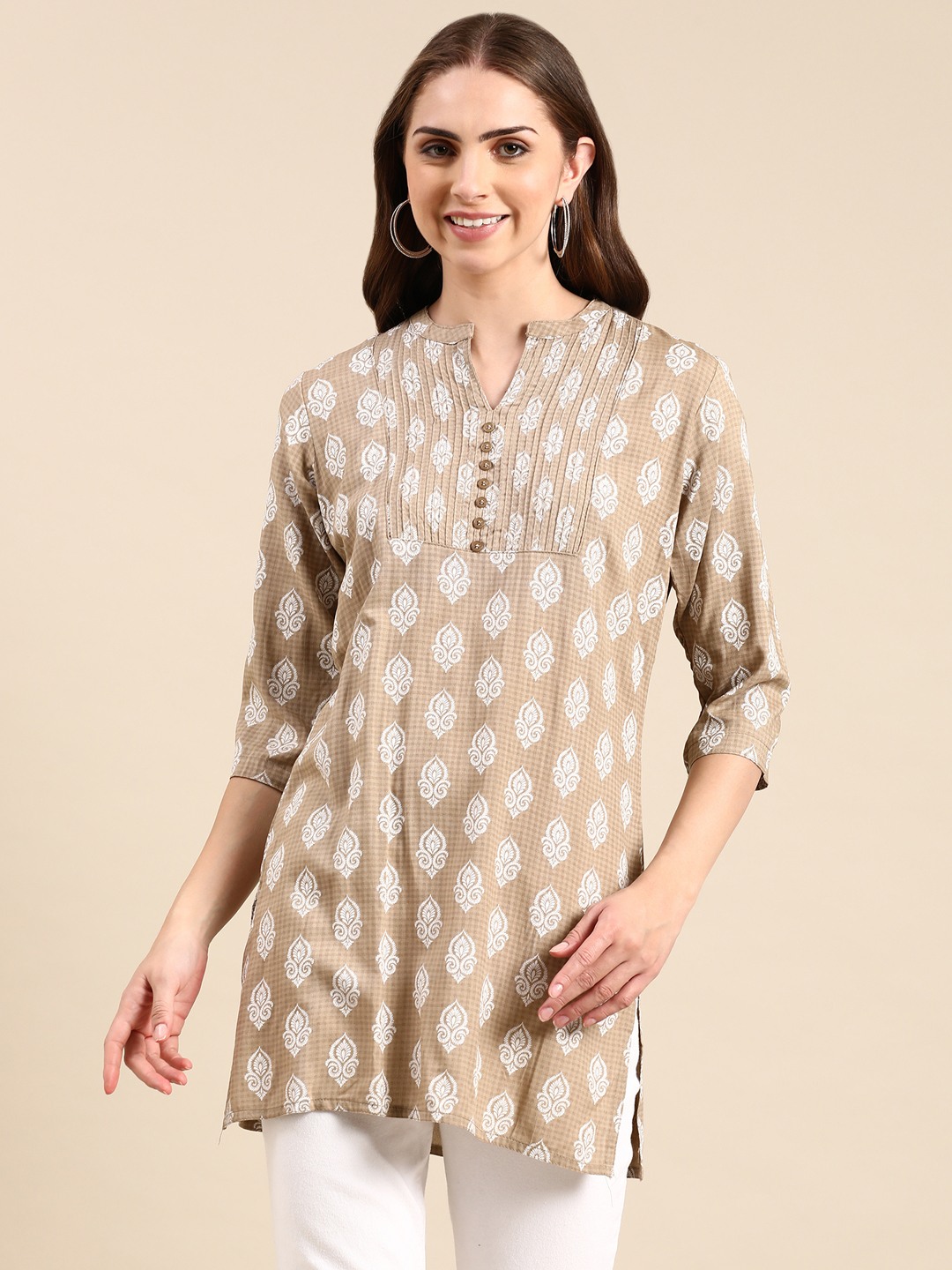 Showoff | SHOWOFF Women's Mandarin Collar Ethnic Motifs Straight Taupe Kurti