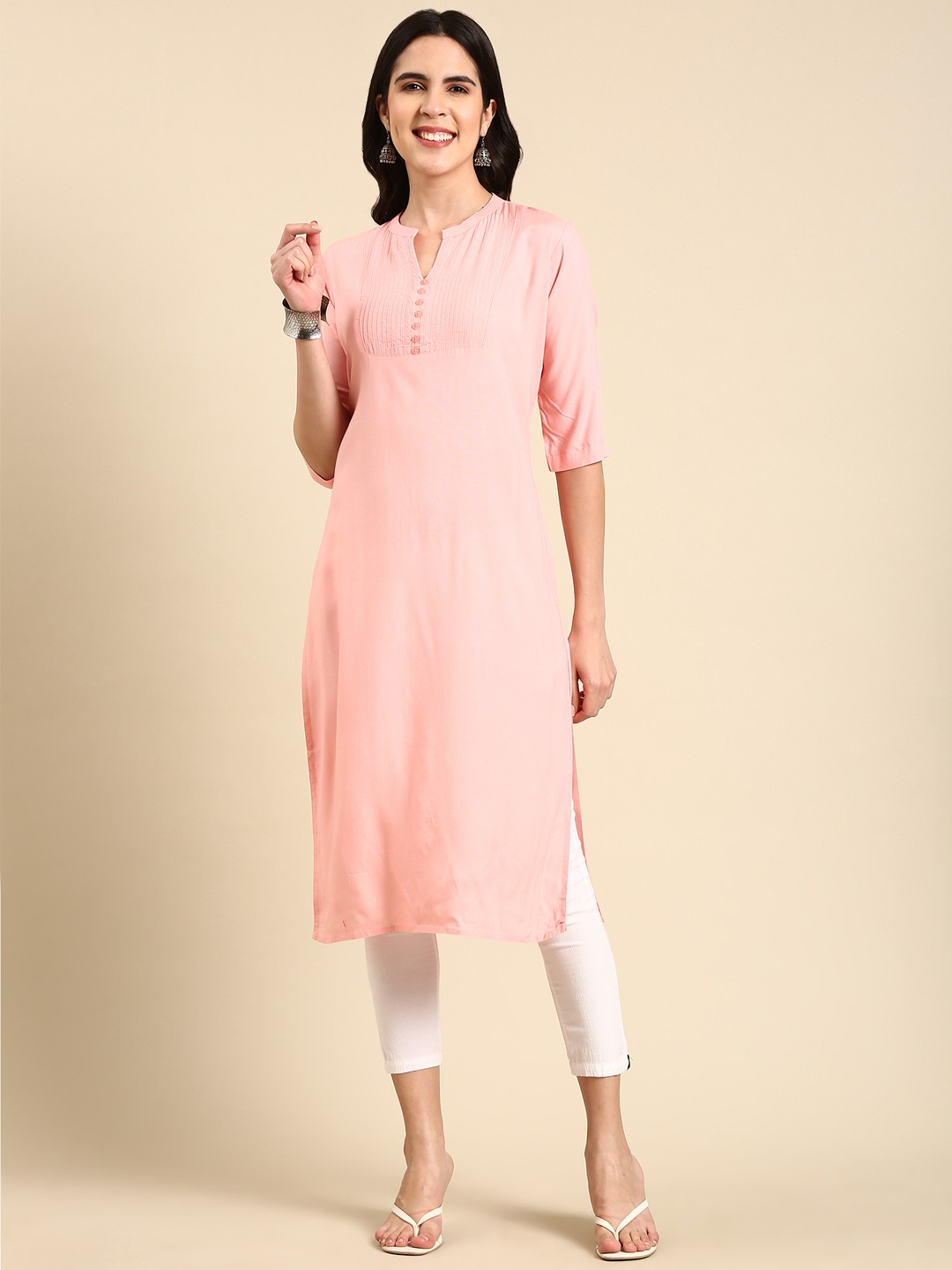 SHOWOFF Women's Calf Length Solid Straight Pink Kurta