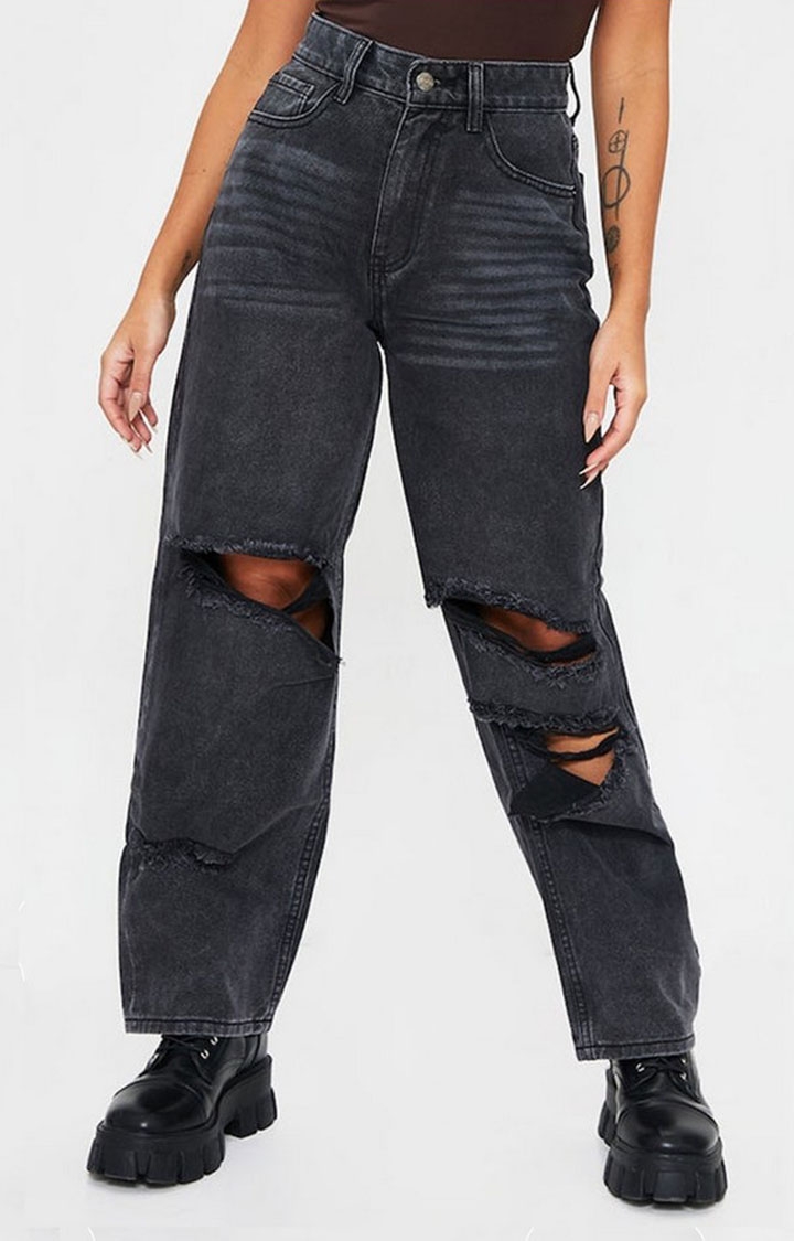 Offduty India | Women's Washed Black Baggy Distressed Boyfriend Jeans