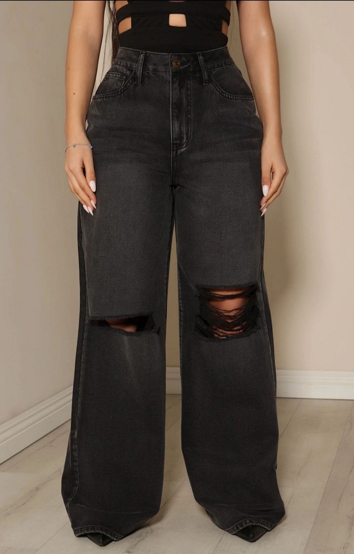 Offduty India | Women's Black All Out Distress High Rise Wide Leg Ripped Jeans