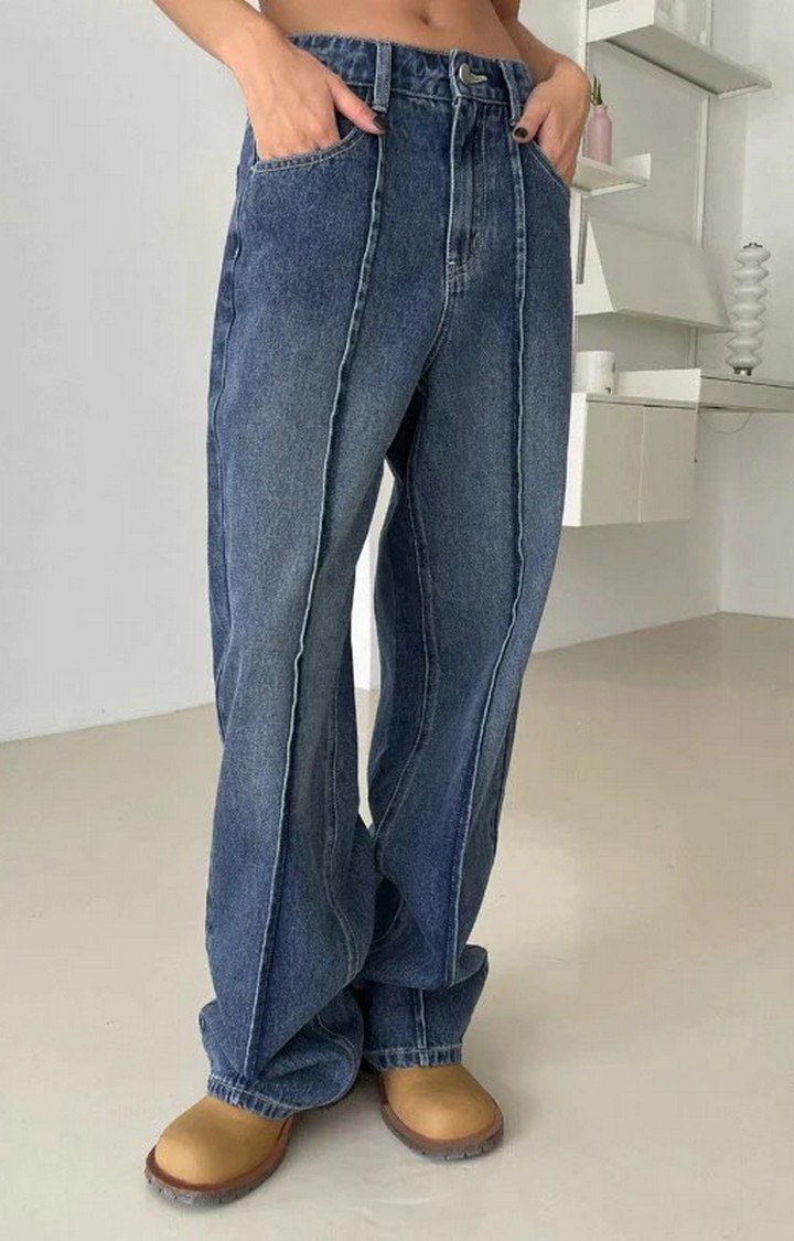 Offduty India | Women's Super Sonic Blue Front Seam Detail Wide Leg Jeans