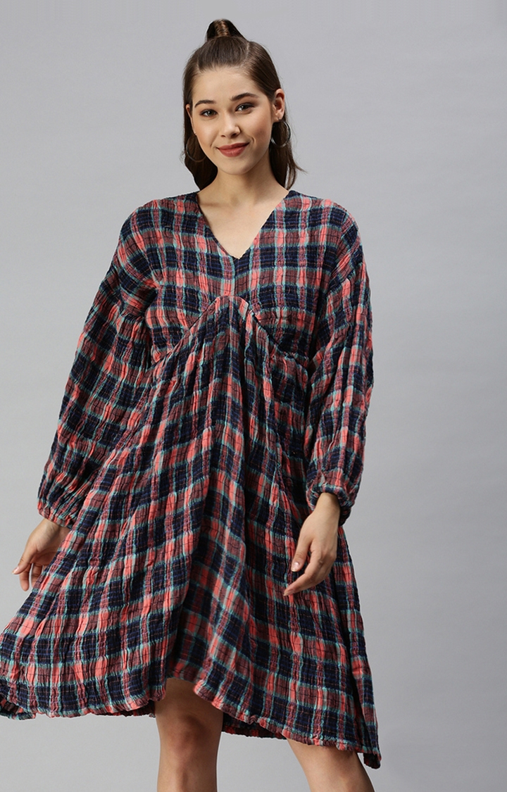 SHOWOFF Women's Checked Multi Fit and Flare Dress