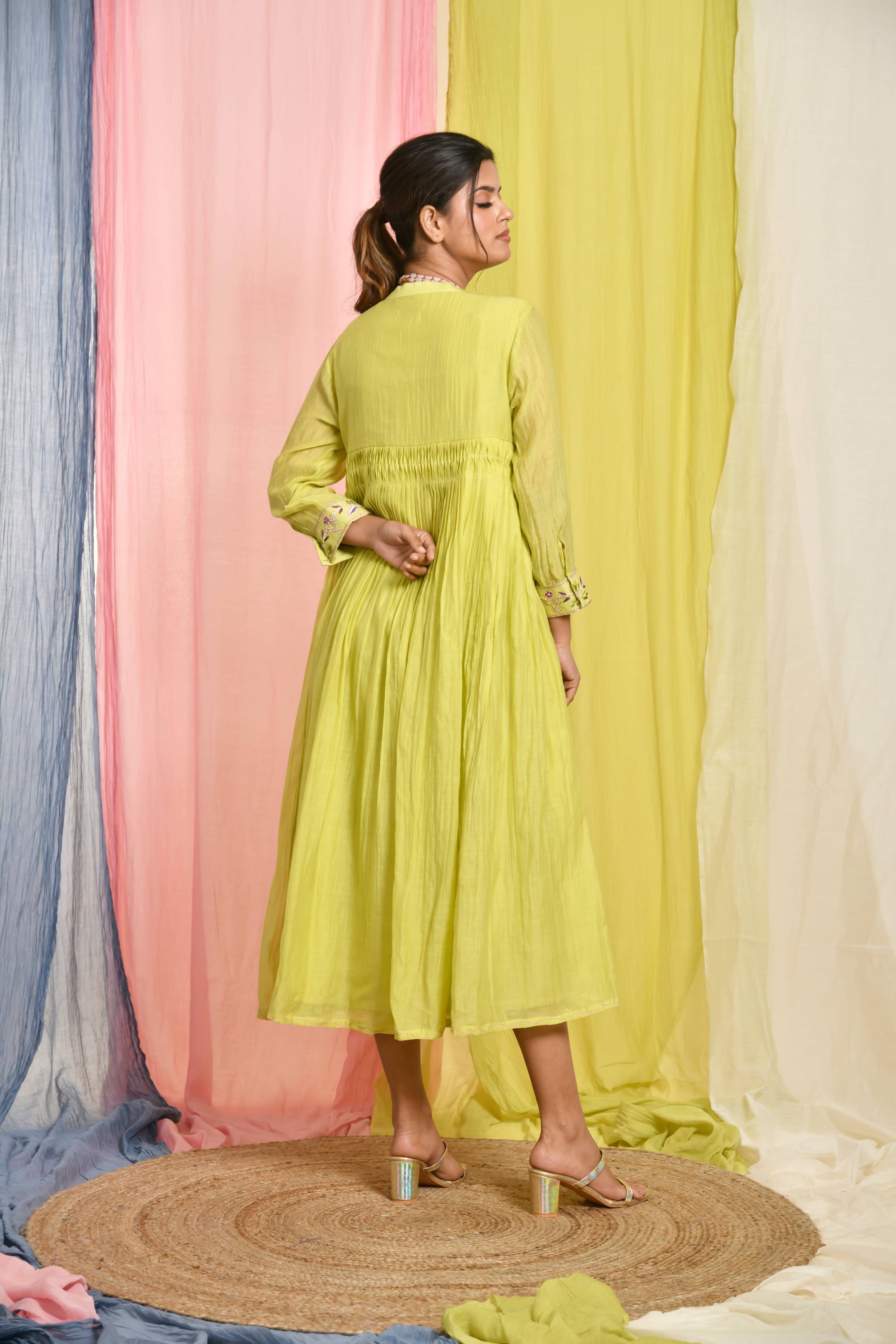 Lime green pleated dress with short yoke