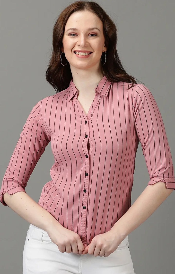 SHOWOFF Women's Spread Collar Striped Three-Quarter Sleeves Pink Shirt