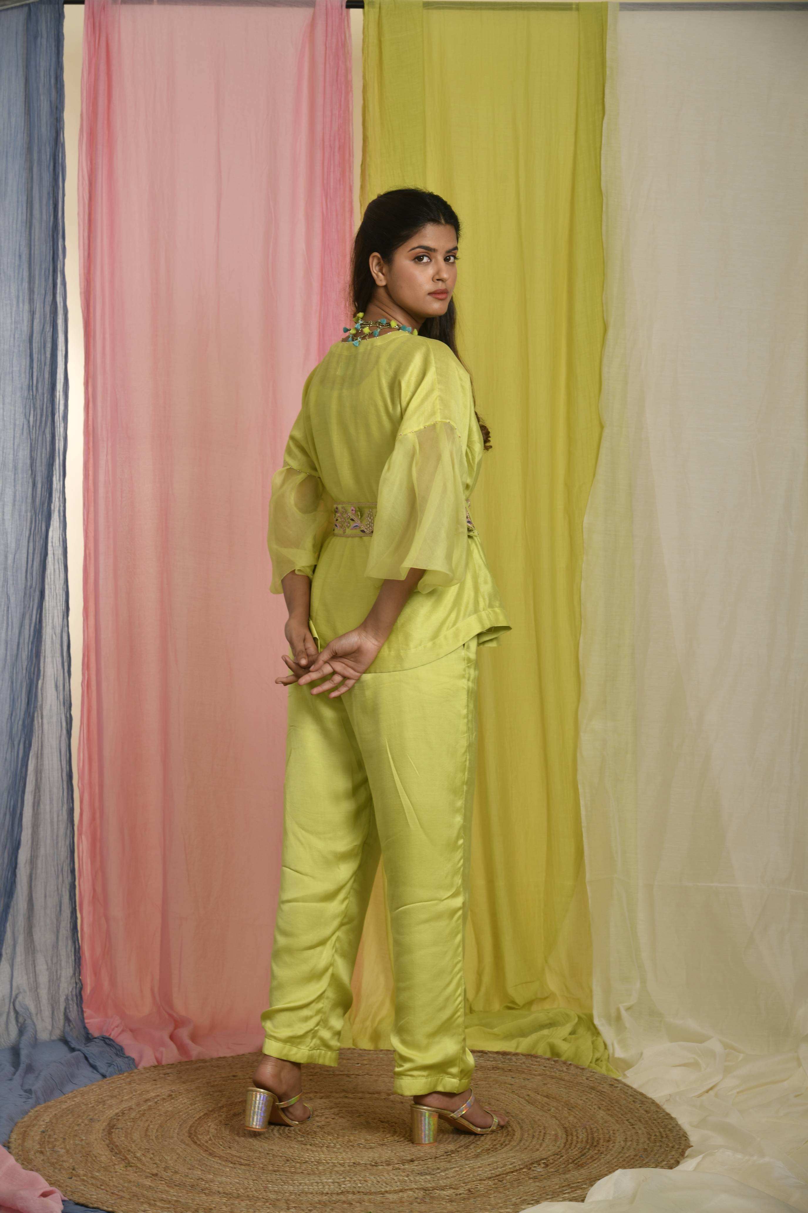 Lime Green Co-Ordinate Set With Organza Sleeve