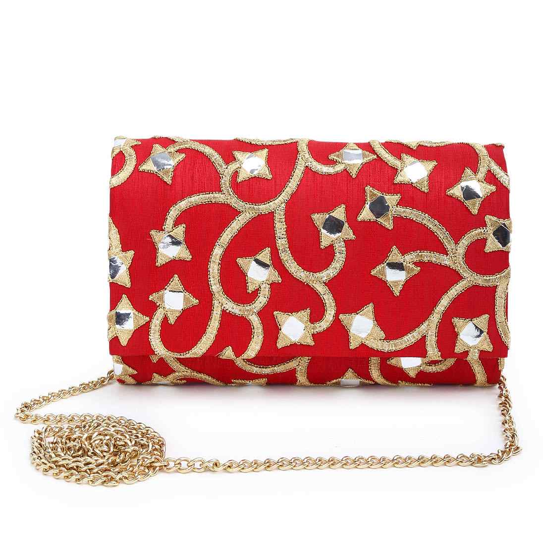 Red mirrorwork clutch