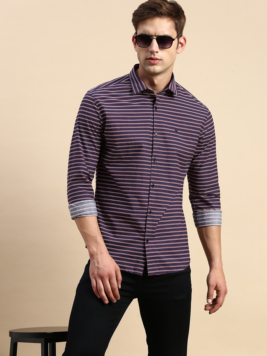 Showoff | SHOWOFF Men's Spread Collar Striped Navy Blue Regular Fit Shirt
