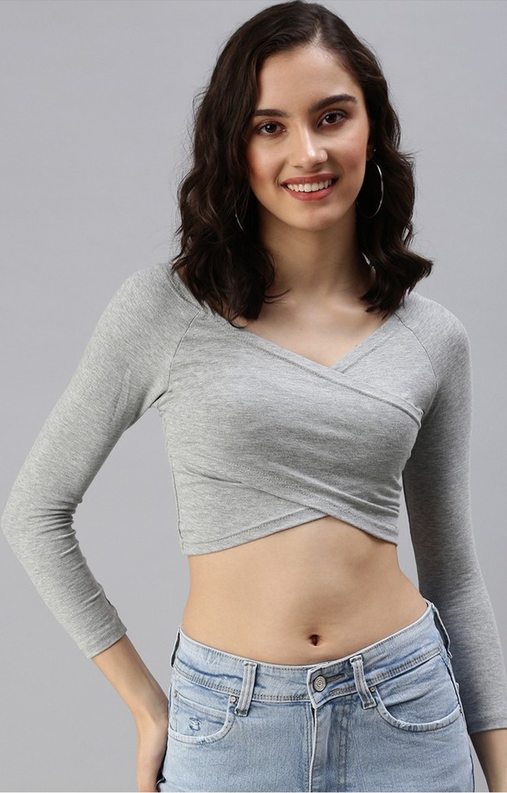 SHOWOFF Women Grey Solid Boat Neck Full Sleeves Crop Fitted Top