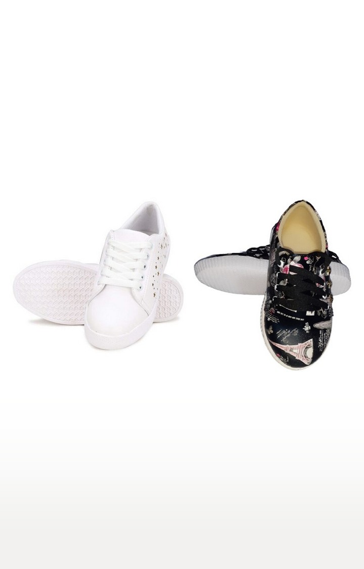 Fashion Shoe Black and White Sneakers for Women (Pack of 2)