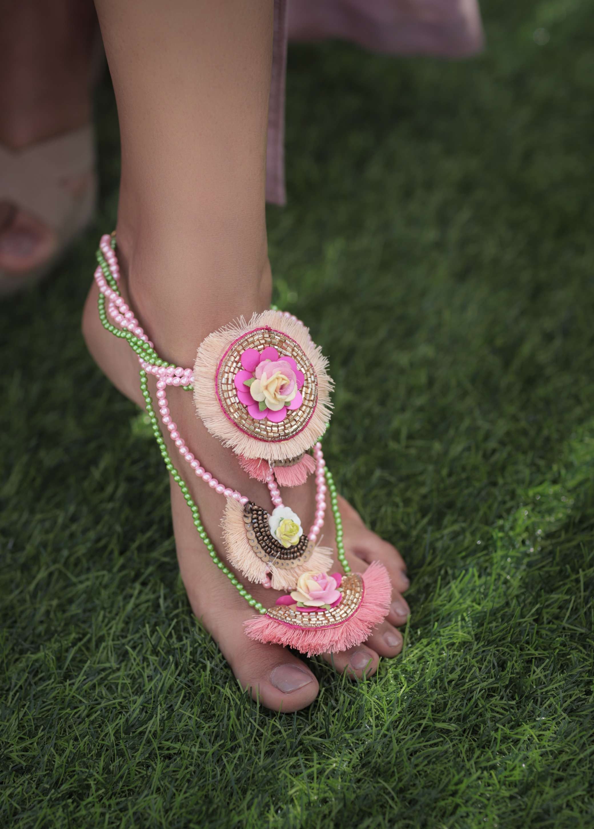 A pair of Pink & Green Pearl work Floral anklet For Women