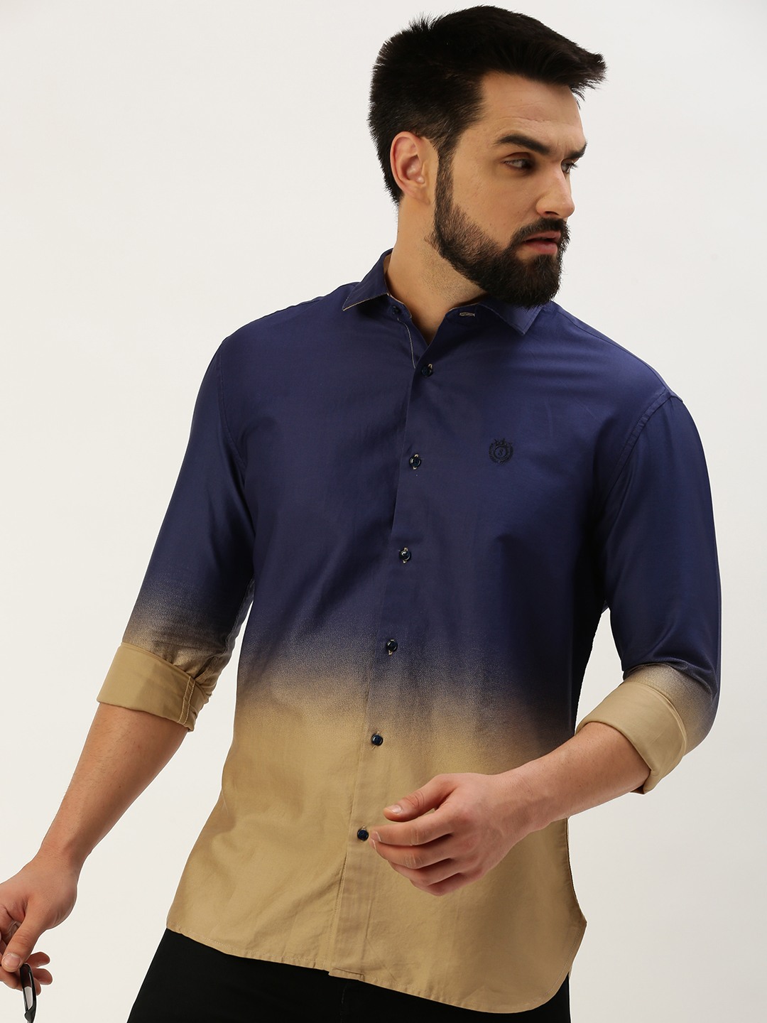 SHOWOFF Men's Spread Collar Solid Navy Blue Regular Fit Shirt