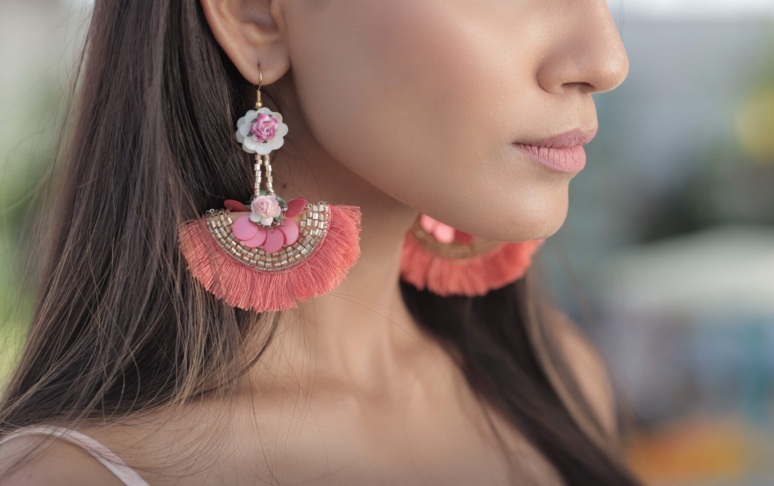 Peach Tassle Long Earings with Hook For Women 