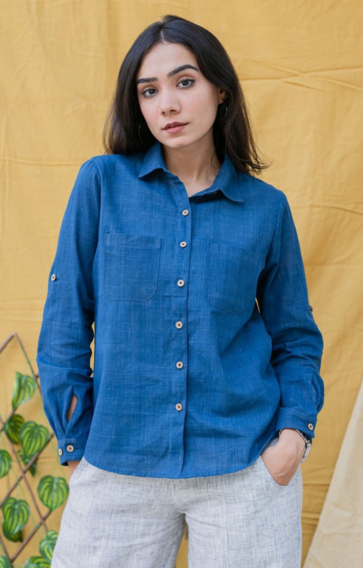 INGINIOUS Clothing Co. | Women's Blue Cotton Solid Casual Shirt