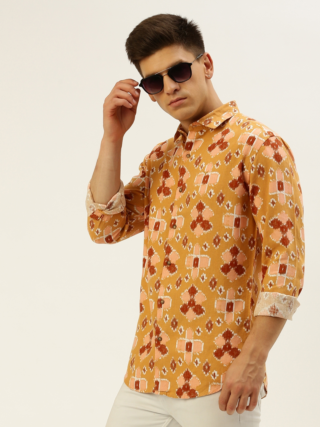 Showoff | SHOWOFF Men's Spread Collar Printed Mustard Regular Fit Shirt