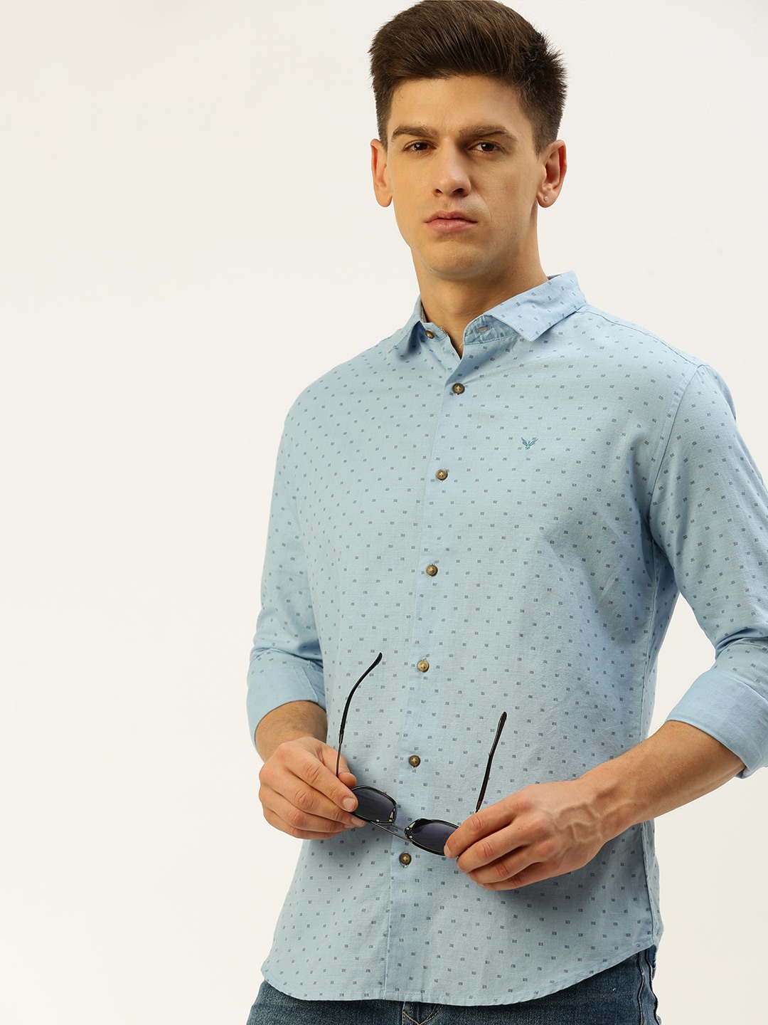 SHOWOFF Men's Spread Collar Printed Blue Regular Fit Shirt