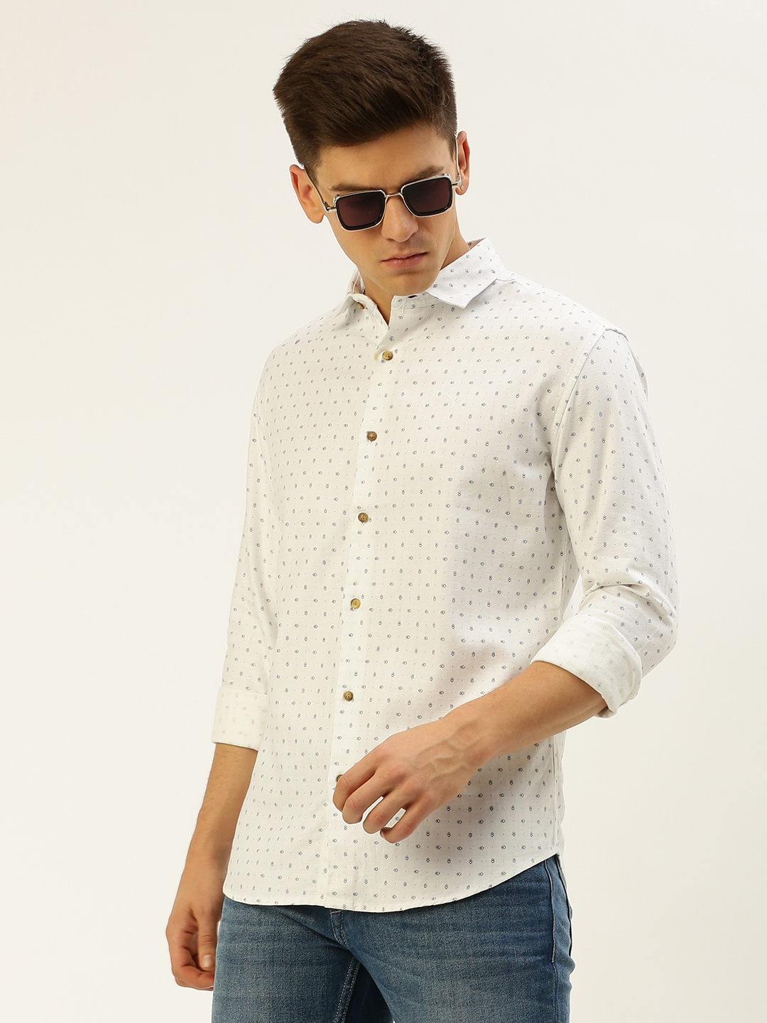 SHOWOFF Men's Spread Collar Printed White Regular Fit Shirt