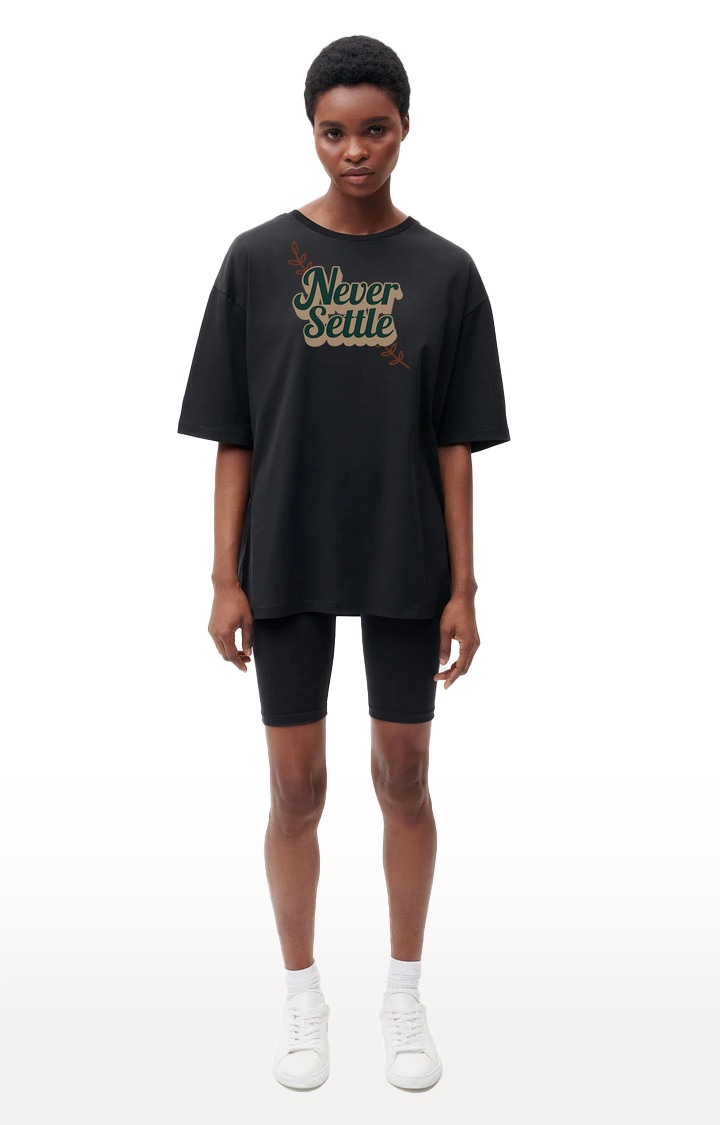 REKOON | Black  Cotton Regular Fit Unisex Never Settle Oversized T-Shirt