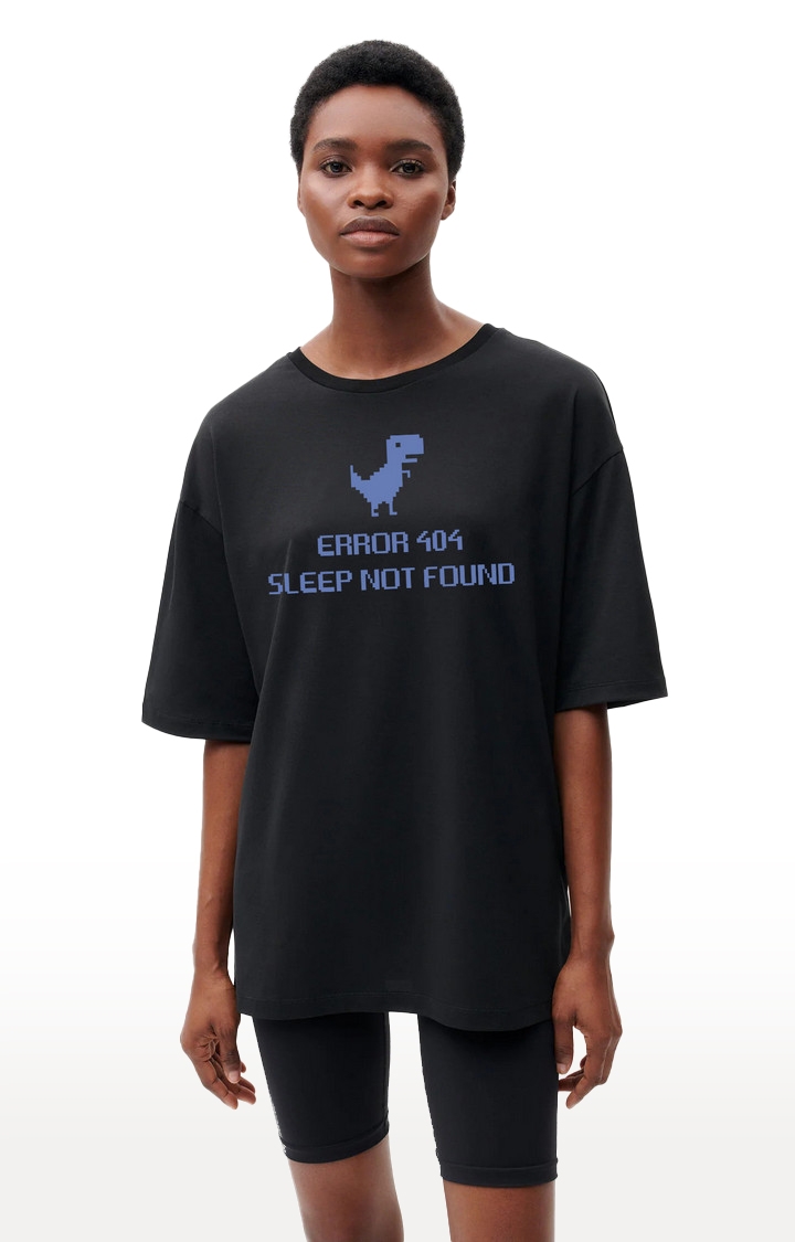 REKOON | Black  Cotton Regular Fit Unisex Sleep Not Found Oversized T-Shirts