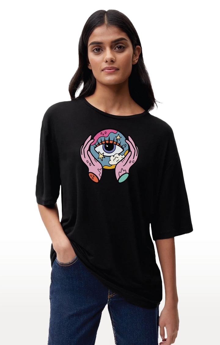 REKOON | Black  Cotton Regular Fit Unisex Evil Eye Oversized T-Shirts