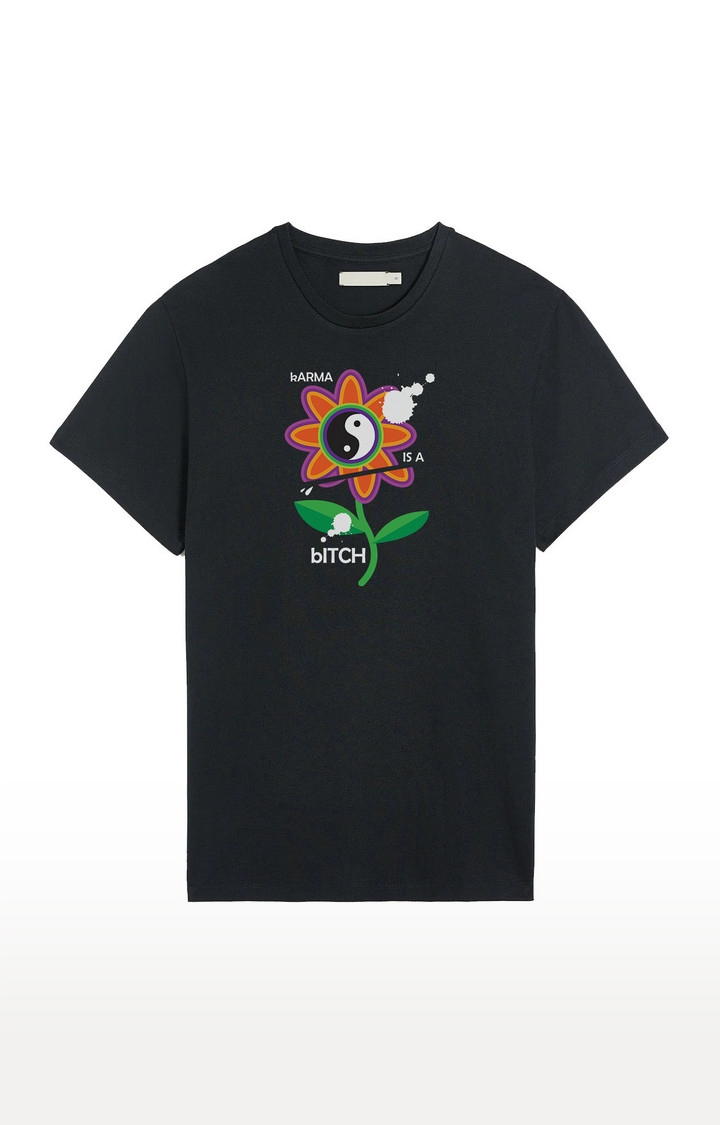 REKOON | Black  Cotton Regular Fit Unisex Karma Flawer Regular T-Shirts