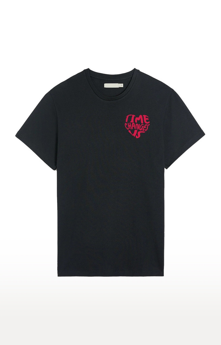 REKOON | Black  Cotton Regular Fit Unisex Time Changes Regular T-Shirts