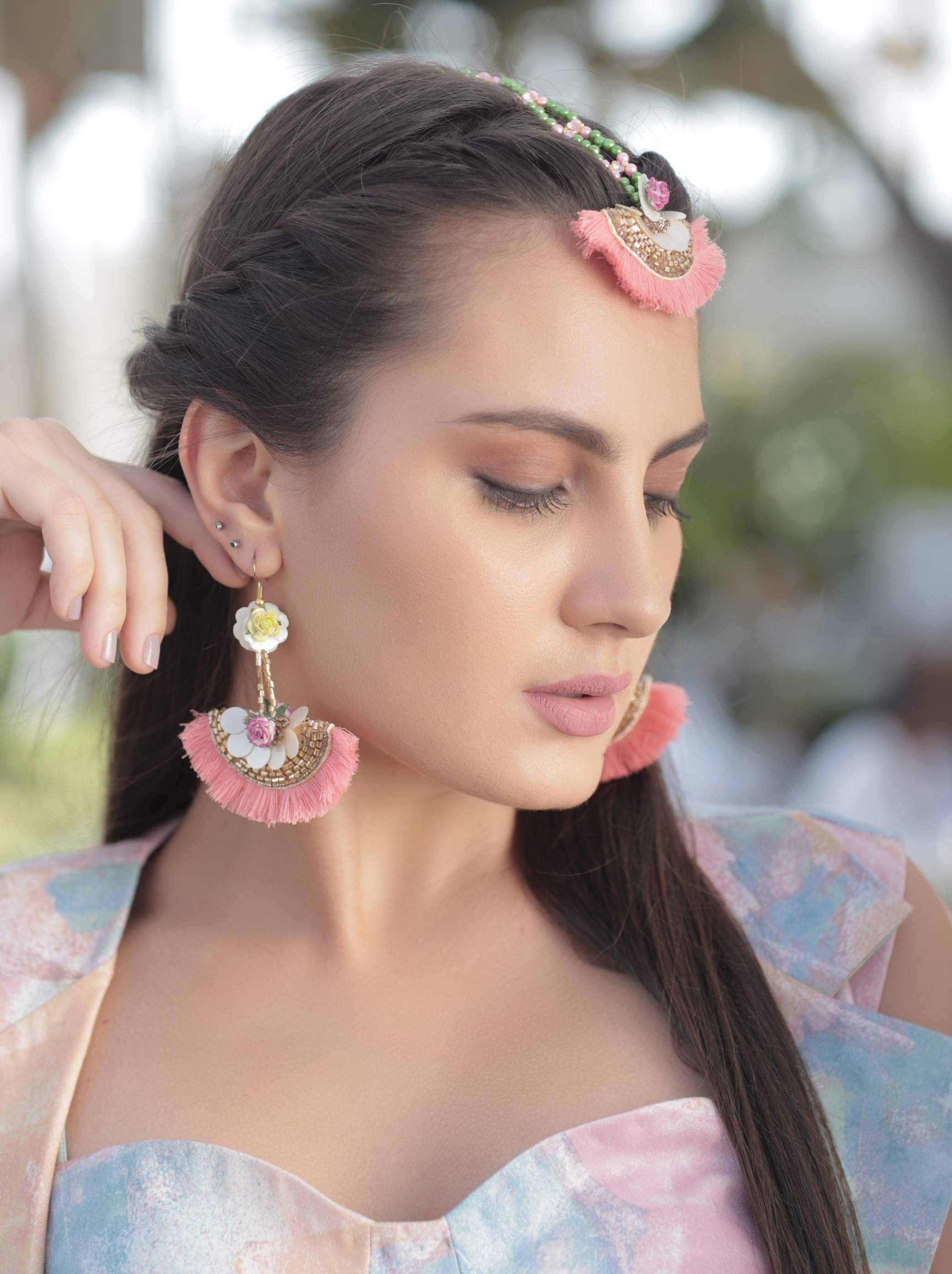 Peach & White Tassle Long Earings with Hook  For Women 