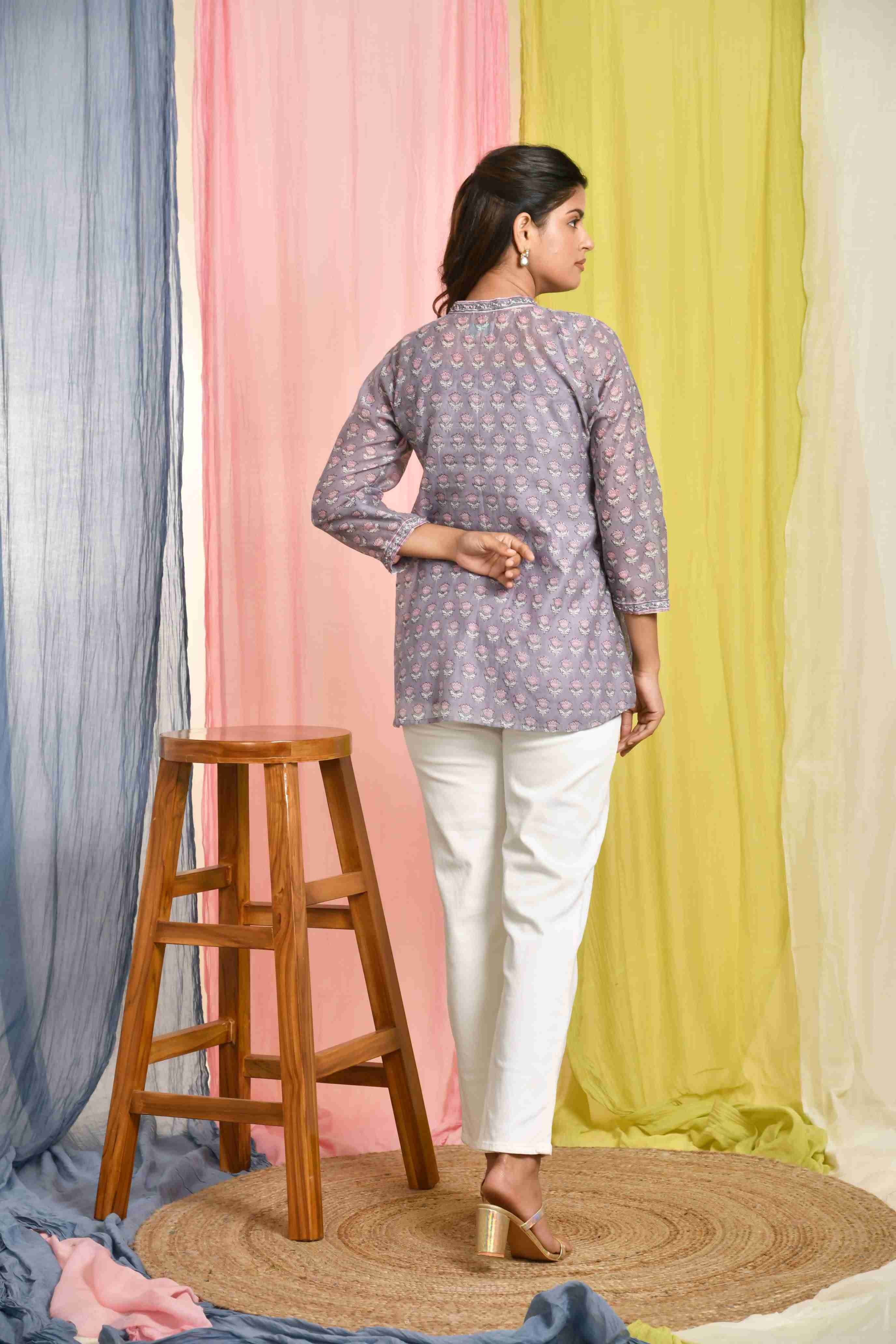 Purple Chanderi Pleated Top With Tassels