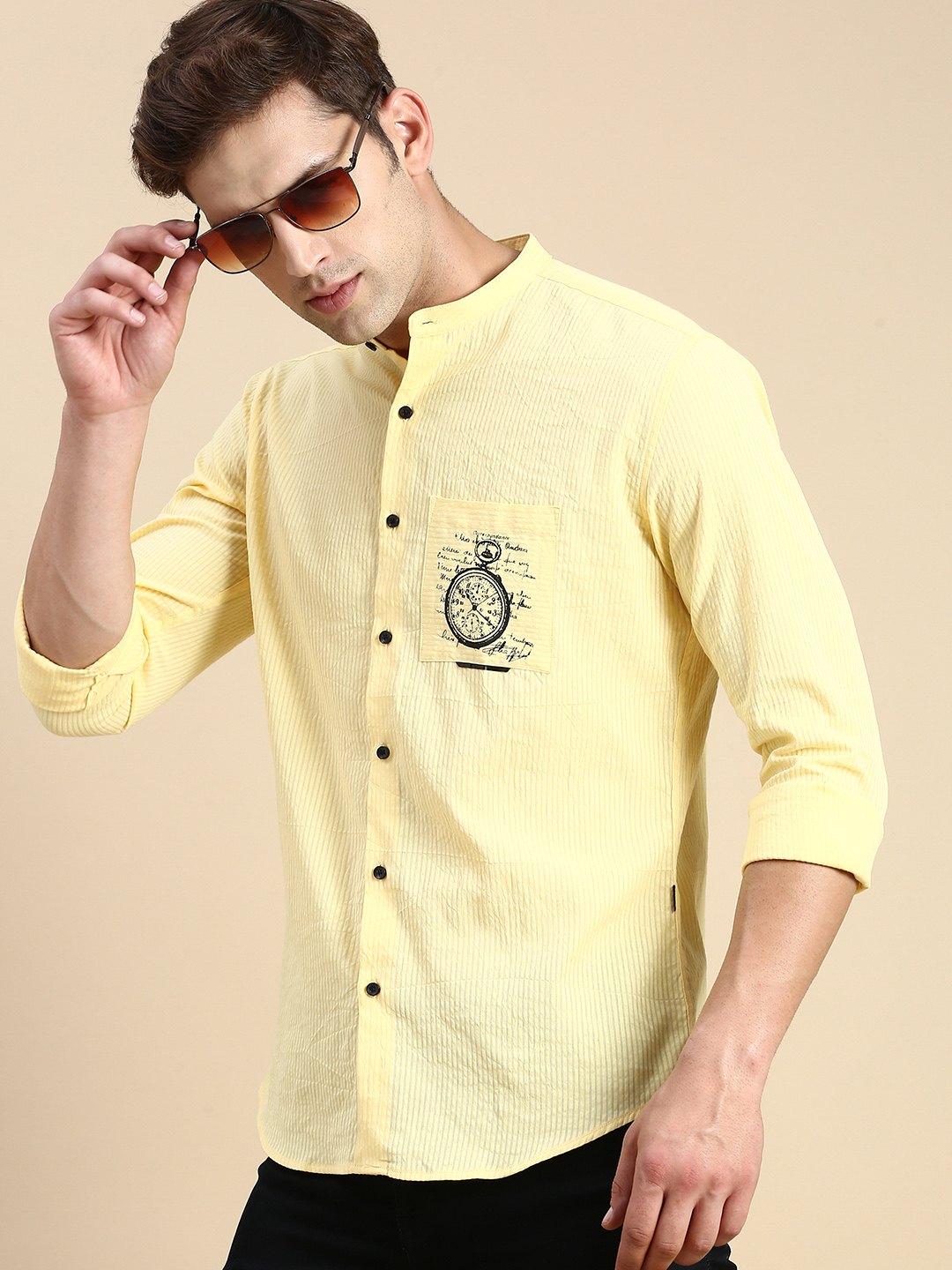 SHOWOFF Men's Mandarin Collar Yellow Slim Fit Solid Shirt