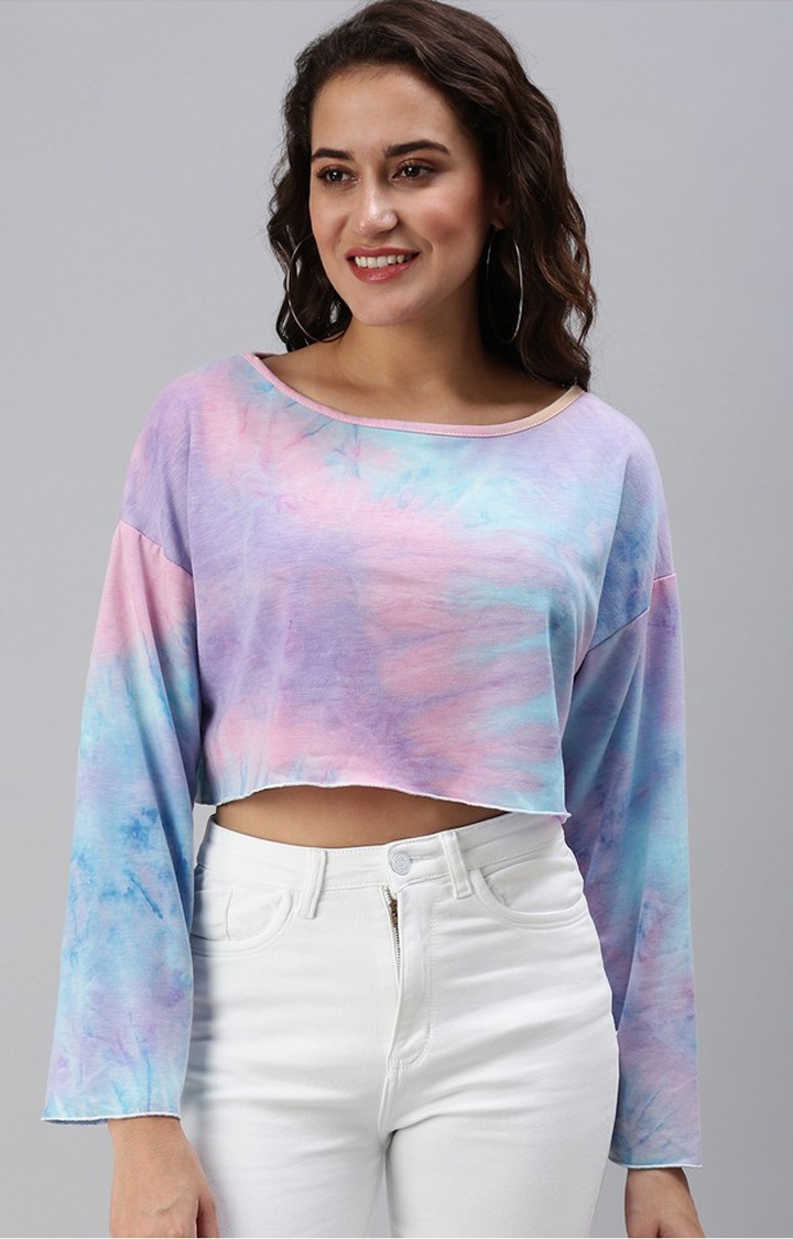 SHOWOFF Women Multi Dyed Boat Neck Full Sleeves Crop Boxy Top